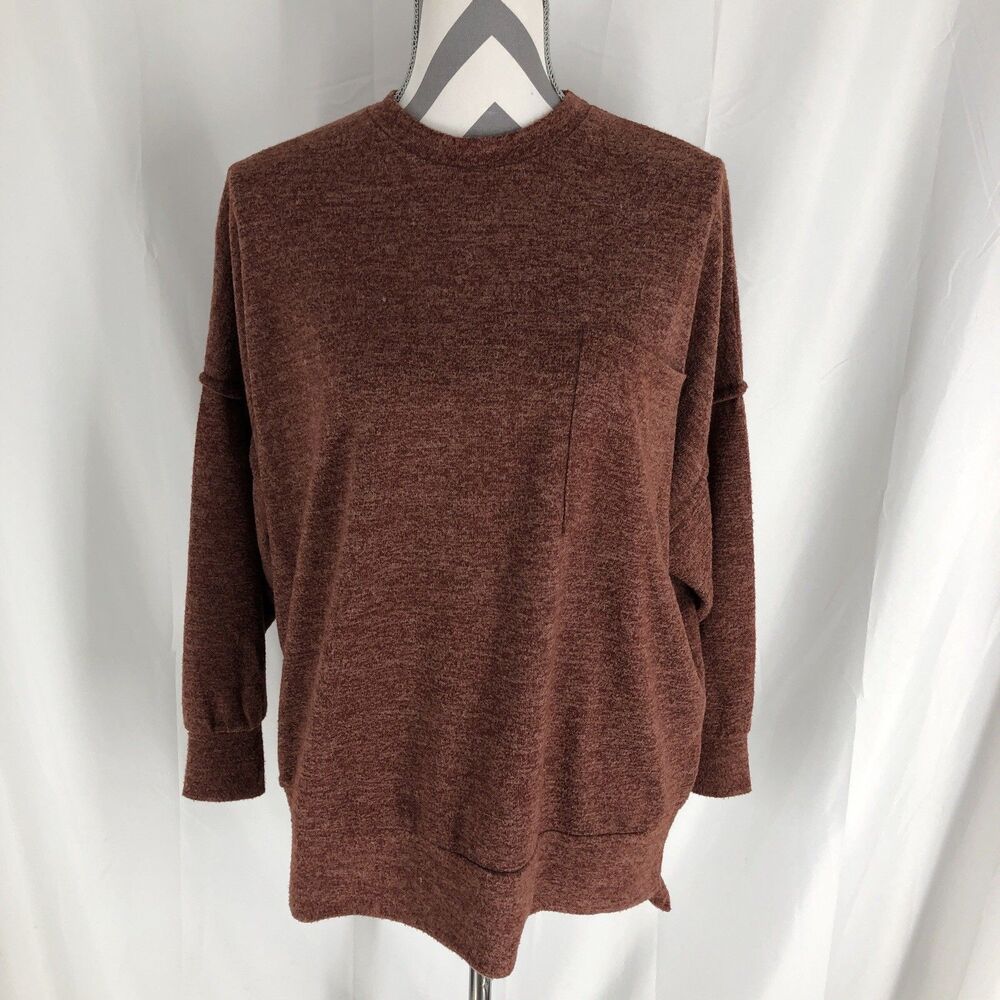 Zenana Womens Rust Heathered Brushed Knit Relaxed Top XS
